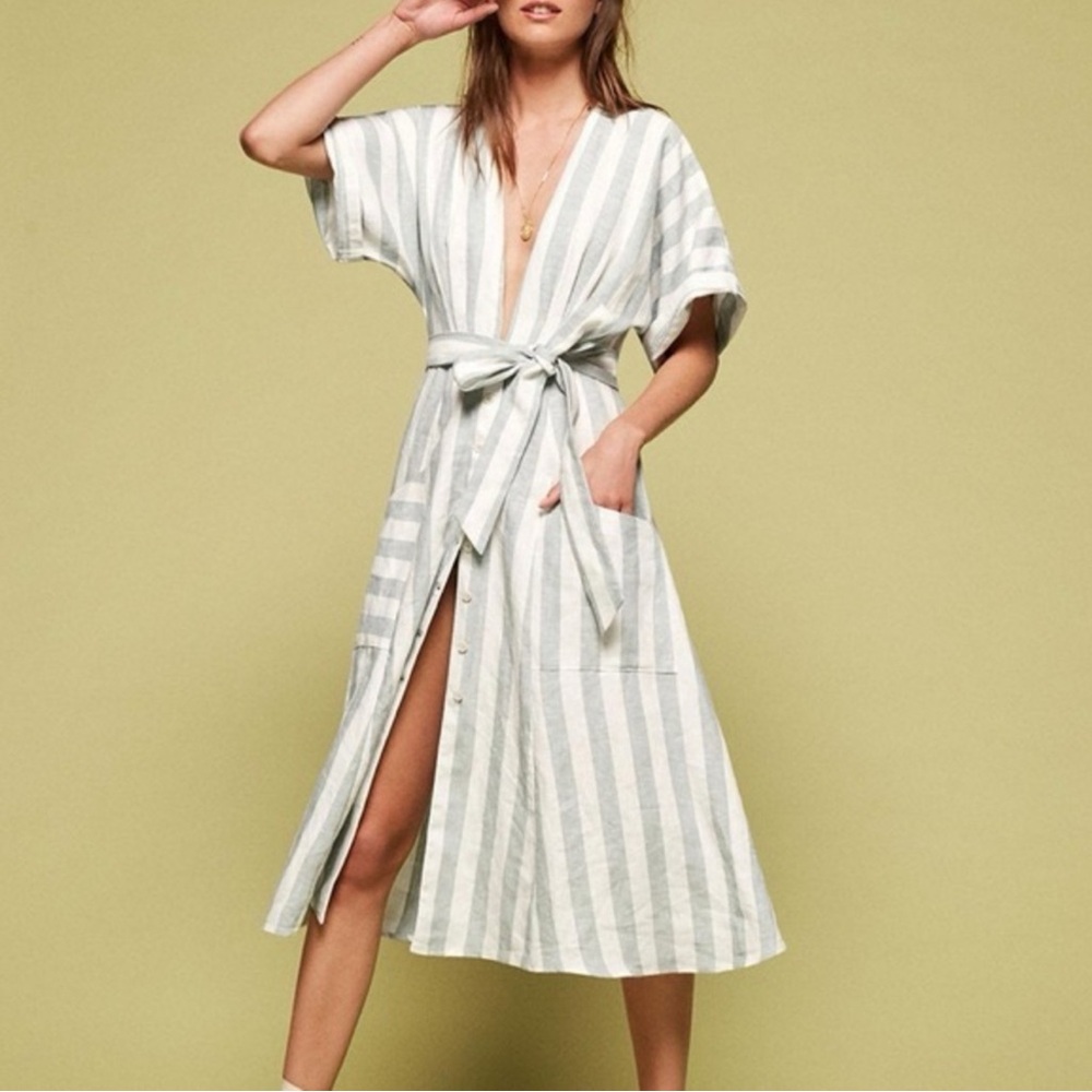 Reformation Seafoam and White Striped linen Dress